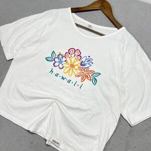 Crazy Shirt Hawaii Vintage‎ Y2K White Embroidered Floral Crop T-Shirt One Size